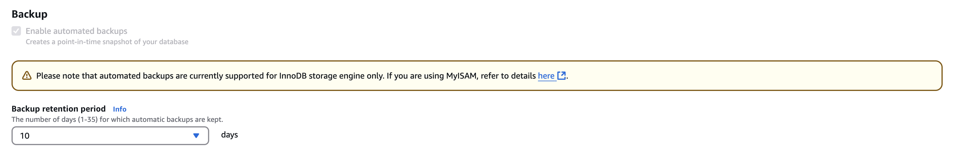 Включение автоматических резервных копий в RDS
